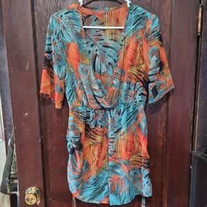 SHEIN Tropical Leaf Print Jumpsuit in Orange and Blue